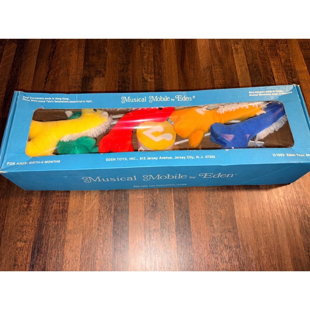Vintage Eden Musical Mobile Baby Crib Toy 5 Plush Animals‎ Yellow Blue Red Green